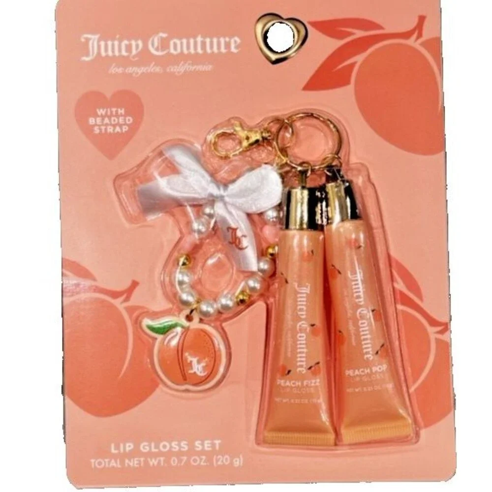 Juicy Couture Peach Liquid Lip Gloss Set Shine Effect w/ Beaded Strap Charm